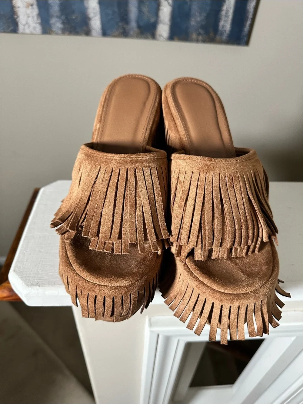 Fringe Platform Slide Sandals in Tan